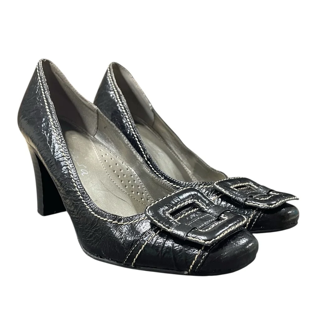 Italian Shoemakers Contesa Women 7 Pumps Square Toe Contrast Stitch Leather Blac